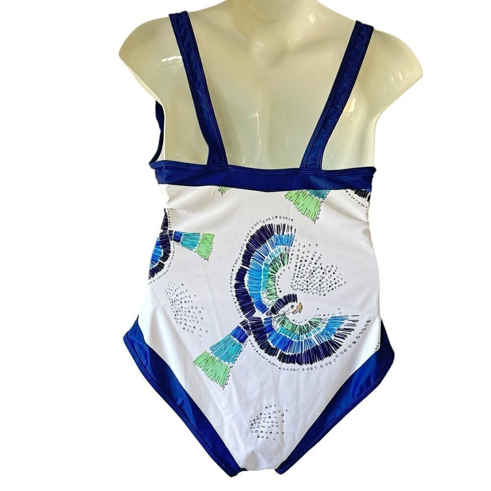 Noracora One Piece NEW WITH TAGS V-Neck Bird Print White has Royal Blue Trim XXL - Picture 6 of 14